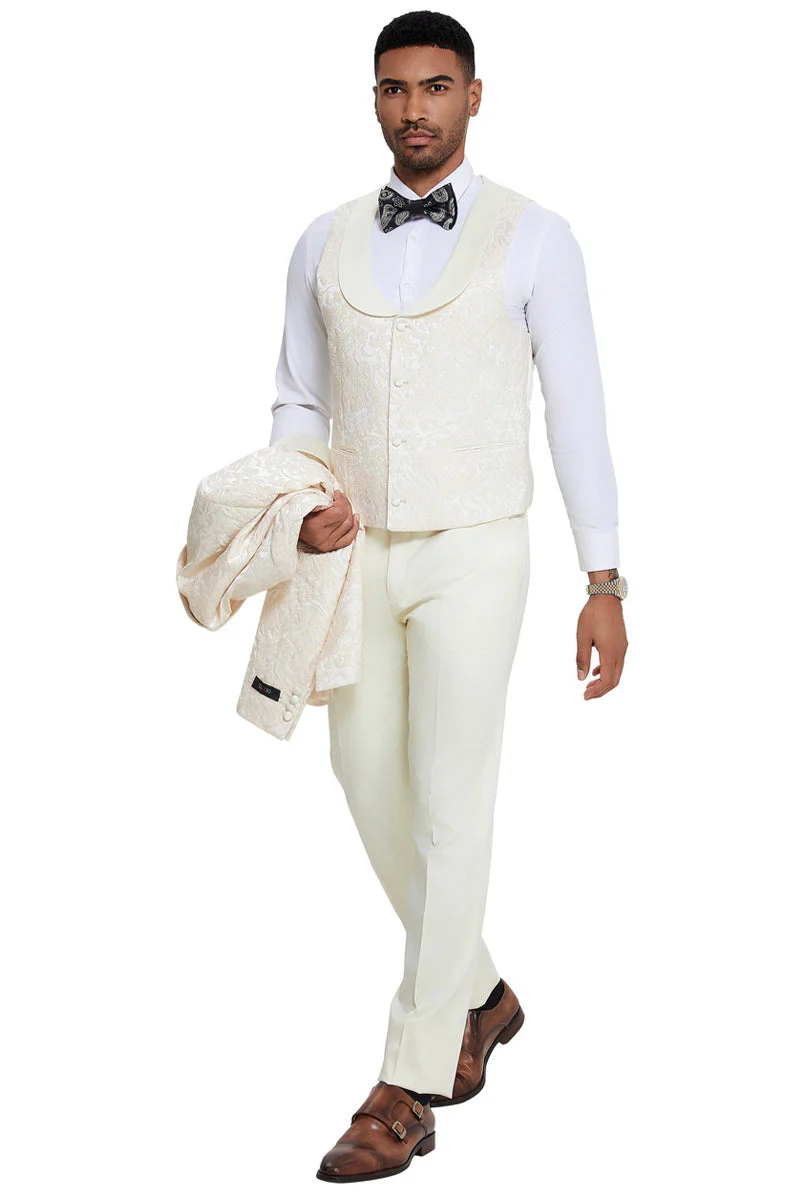 Men's Designer Wedding & Prom Shawl Lapel Vested Paisley Tuxedo in Ivory - Image 3
