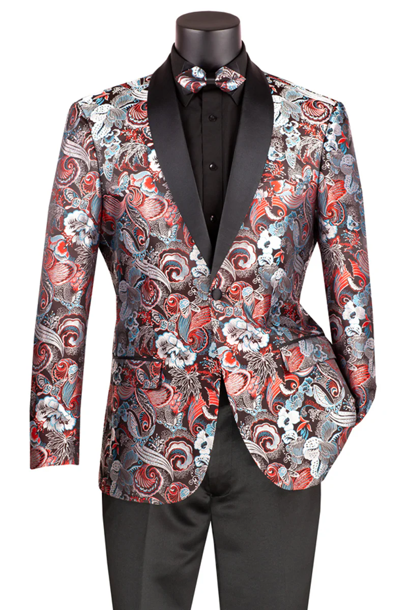 Mens Japanes Floral Paisley Print Prom & Wedding Tuxedo Jacket in Navy Blue - Image 3
