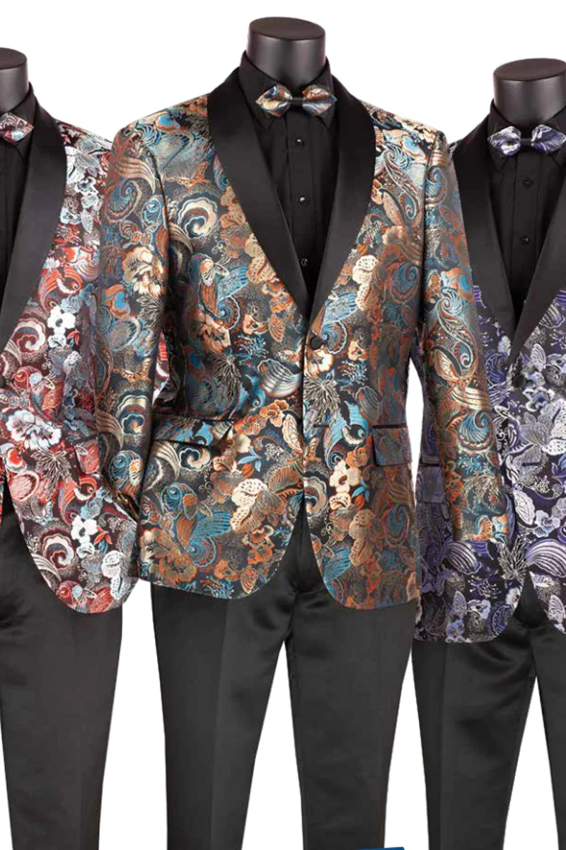 Mens Japanes Floral Paisley Print Prom & Wedding Tuxedo Jacket in Navy Blue - Image 4
