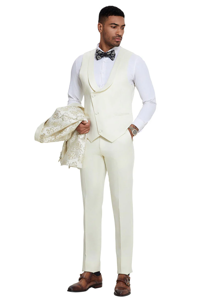 Men's Slim Fit Vested Wedding & Prom Shawl Lapel Paisley Tuxedo in Ivory & Gold - Image 3