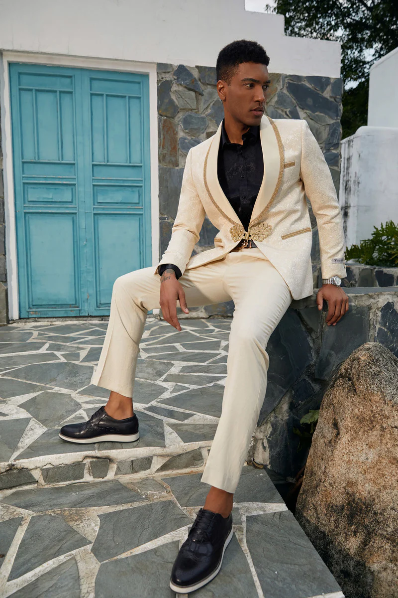Men's Stacy Adams Paisley Wedding Tuxedo Jacket in Ivory & Gold - Image 3
